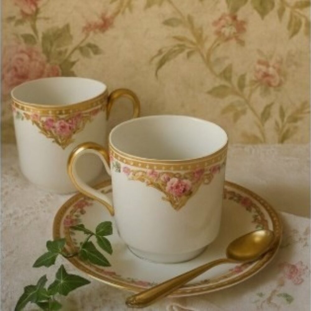 Bernardaud Limoges Porcelain | Vintage Demitasse Cups & Saucer Rose & Gold Trim